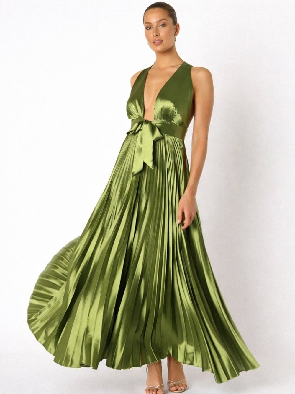 Petal & Pup Kris Plunge Neck Pleated Satin Gown – Olive Green – Small – NWT - Picture 15 of 15
